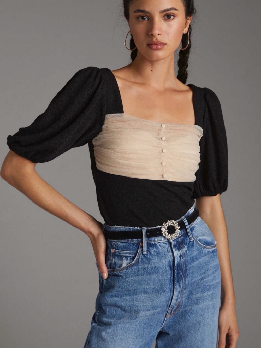 Sunday in Brooklyn Black Top with Beige Mesh Bodice
